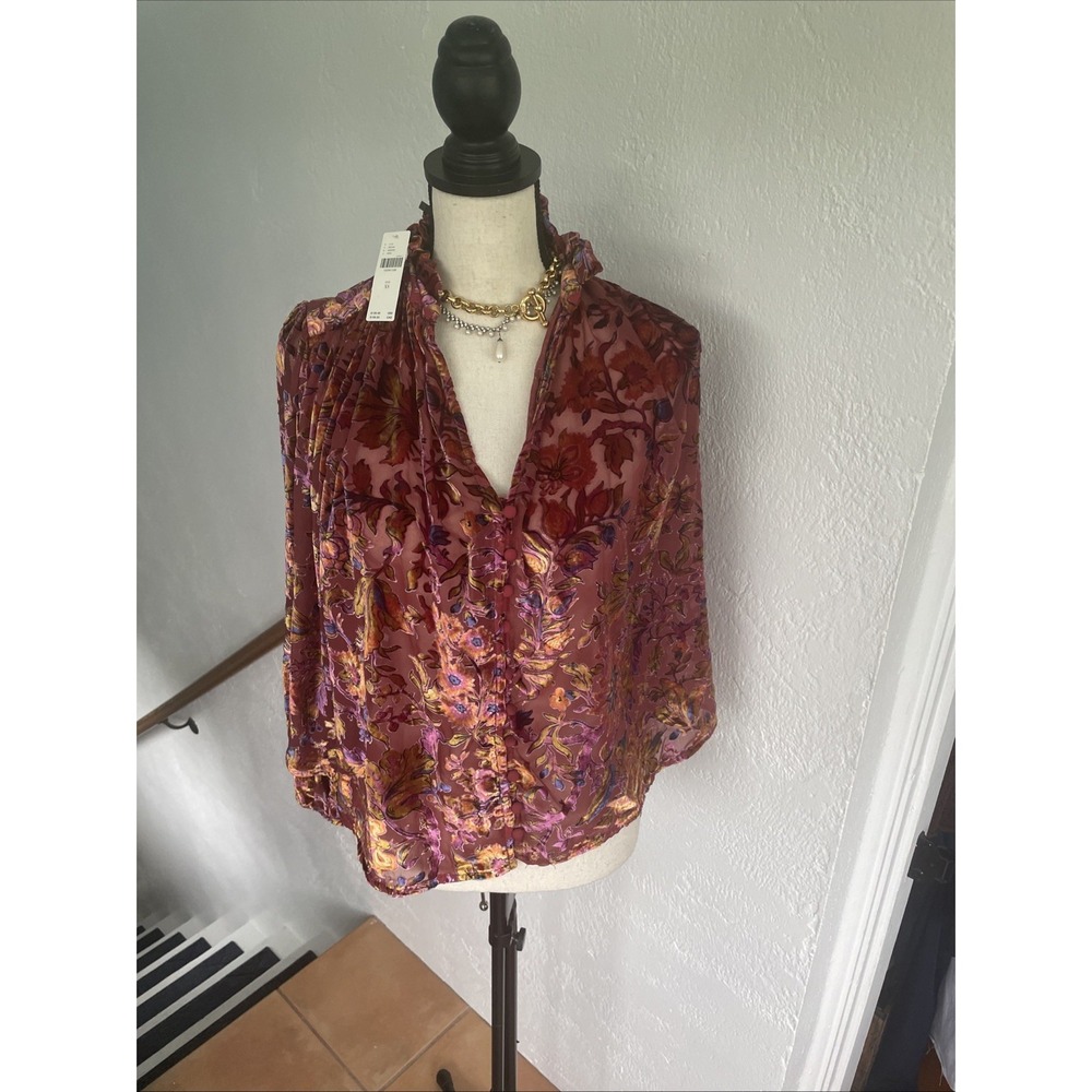 Anthropologie Estela Burnout Velvet Sheer Top Blouse maroon Sz‎ M NWT Beautiful.